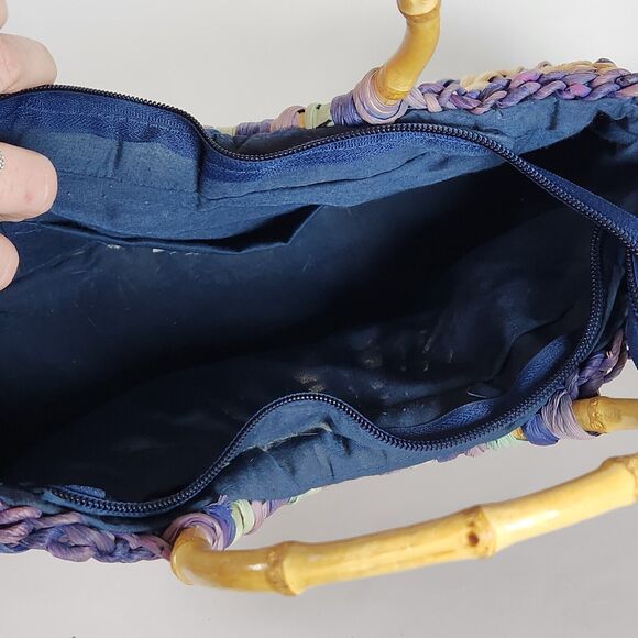 tropical trends purple striped colorful‎ Straw Woven Handbag round Bamboo Handle - Picture 8 of 10